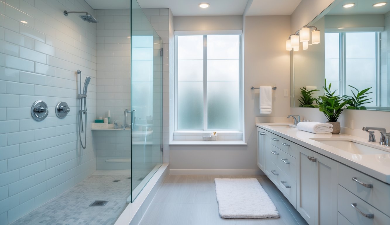 A clean, modern bathroom with a glass shower, double vanity, and natural light coming through a window.