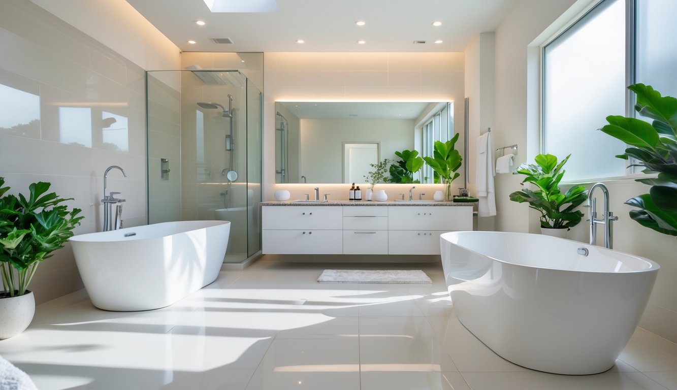 A modern bathroom with a glass shower, freestanding bathtub, double vanity, and natural light coming through a window.