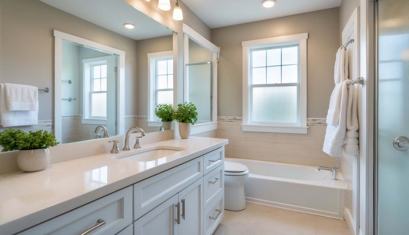 A clean, bright bathroom with neutral-colored walls, a white vanity, glass shower, and natural light coming through a window.