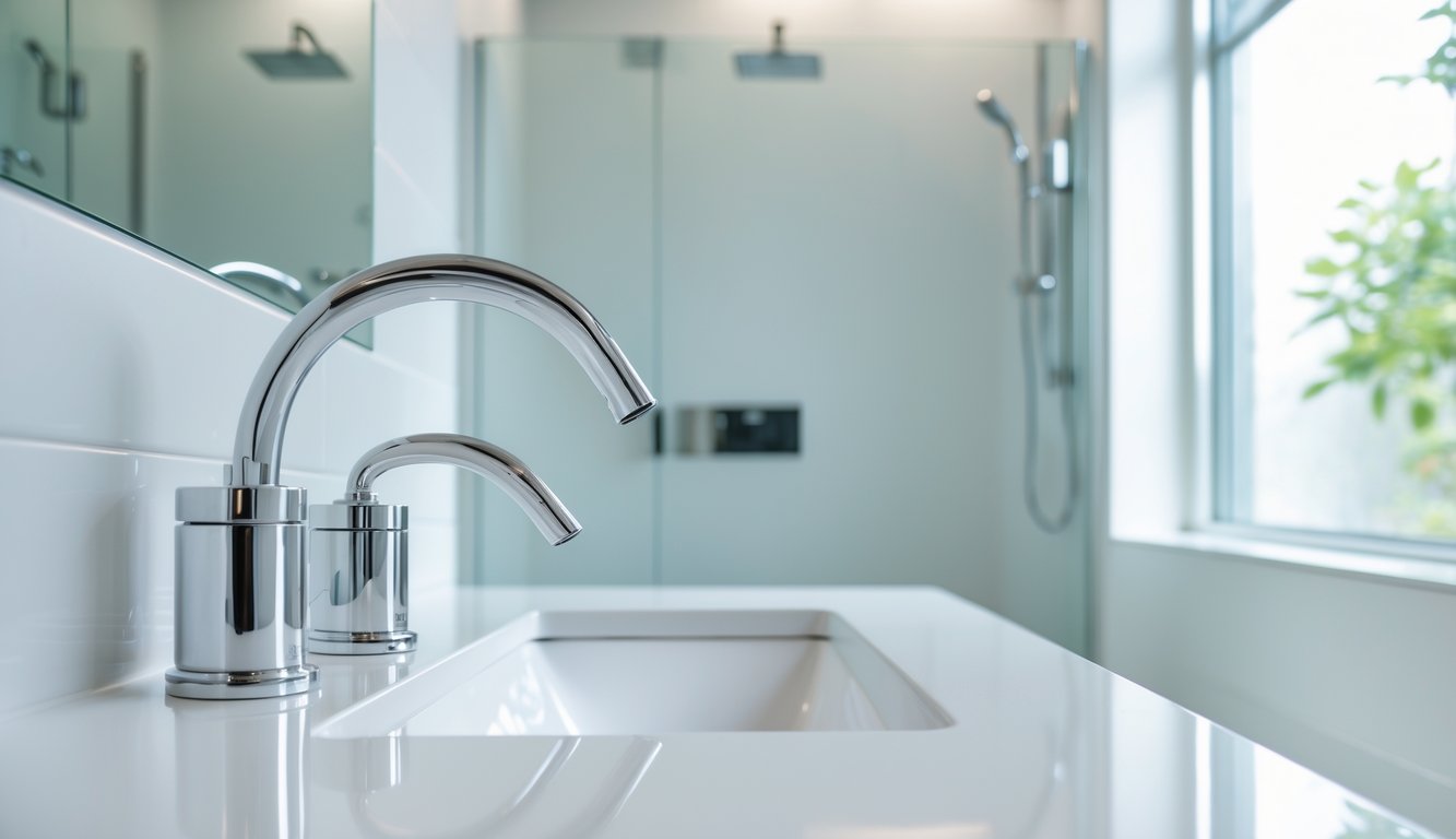 A modern bathroom with updated chrome fixtures, a white vanity, and a glass shower.