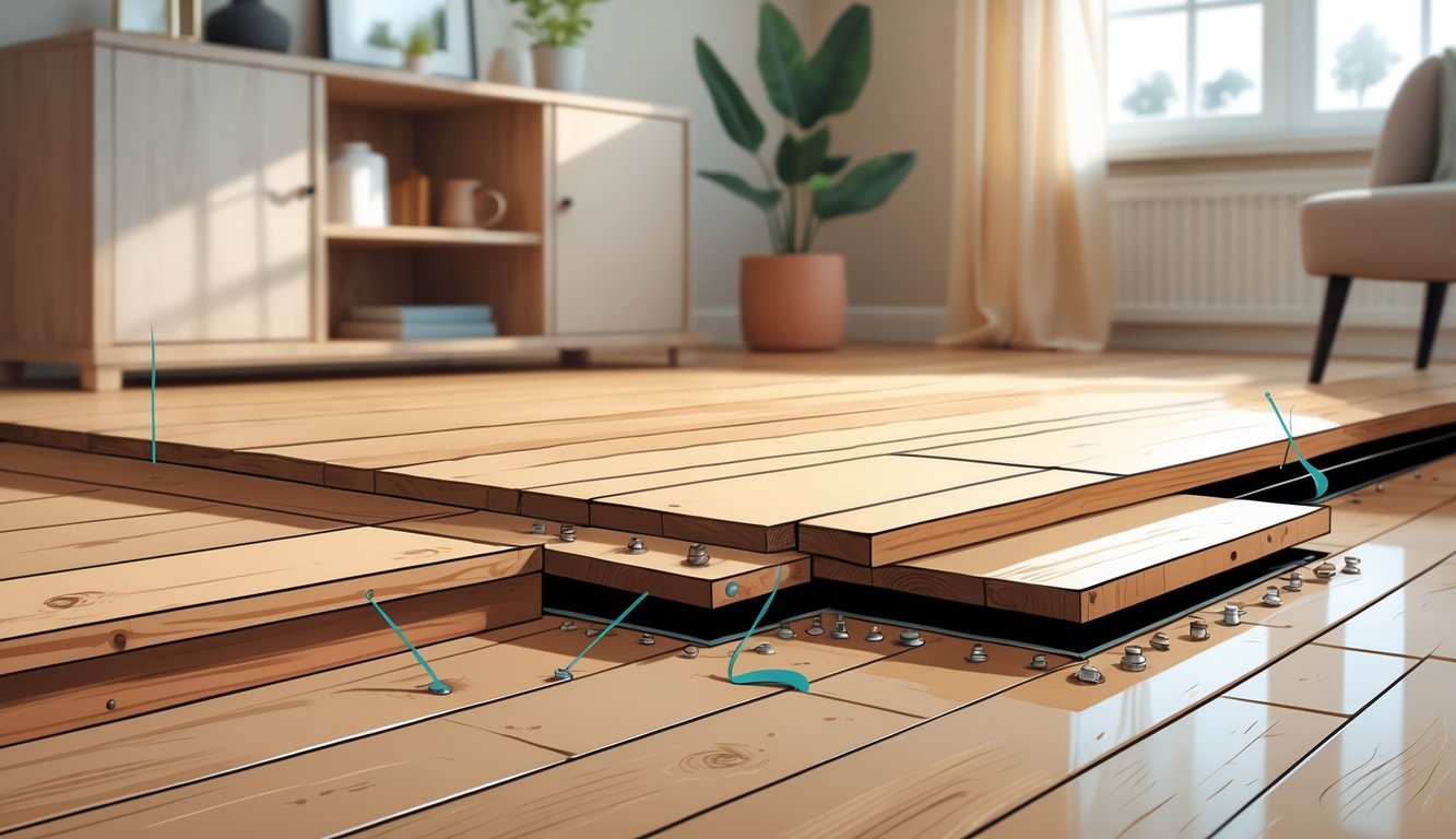 Cross-sectional view of wooden floorboards with one board lifted slightly, showing nails underneath causing squeaking in a home interior.