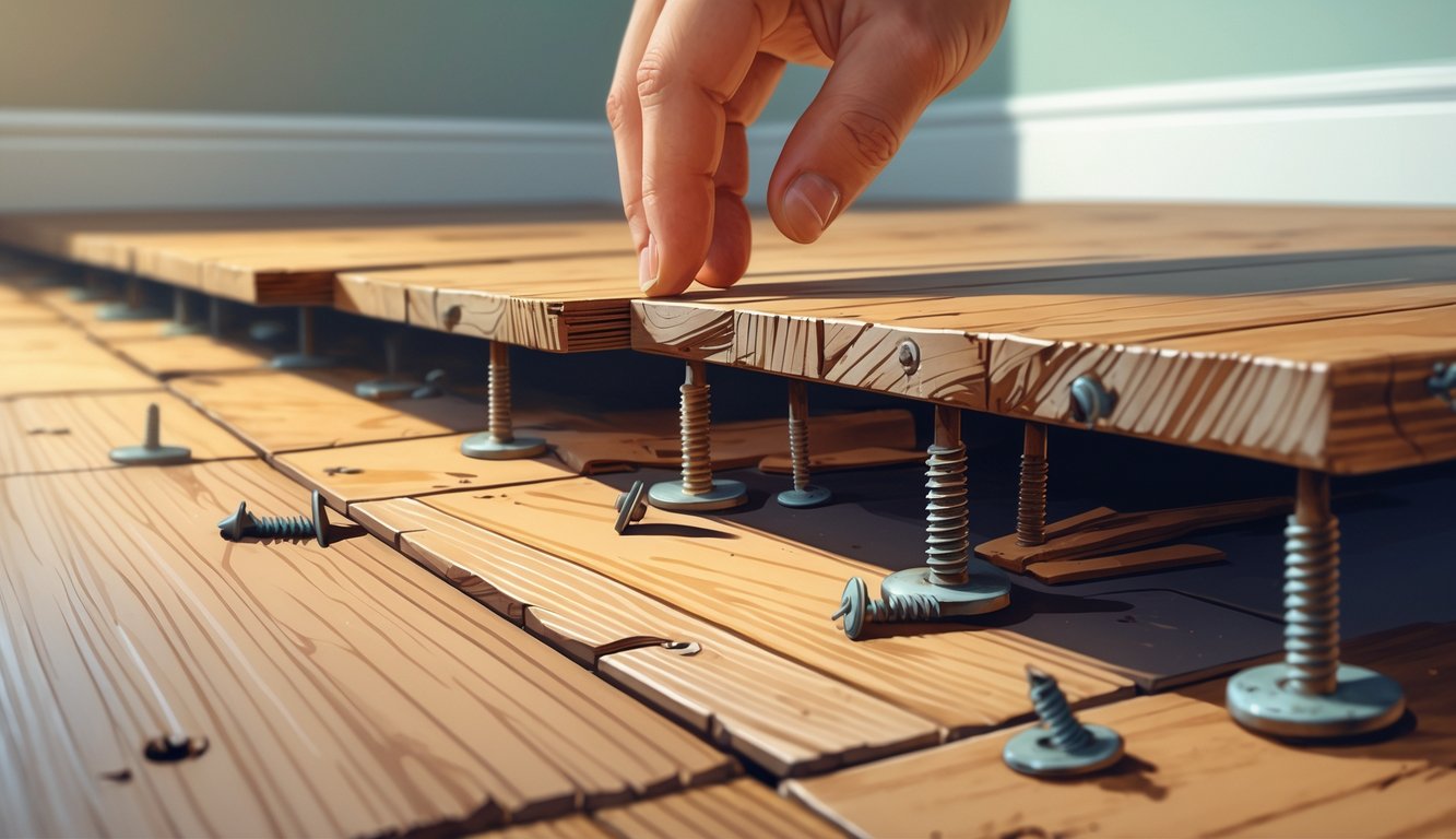 Close-up of a wooden floor with a hand lifting a loose floorboard, revealing old nails and screws underneath.