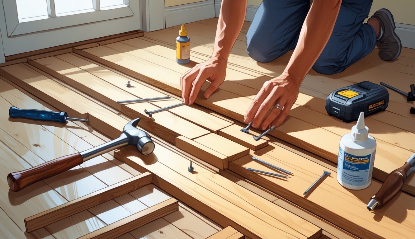 A workspace with tools and supplies arranged on wooden floorboards, showing hands inserting a wooden shim between floorboards to fix squeaks.