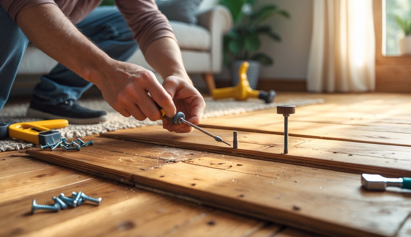 Close-up of hands repairing loose wooden floorboards with tools nearby inside a cozy living room.
