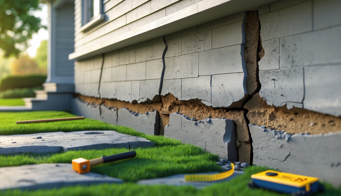 A house with visible cracks in its foundation and exterior walls, surrounded by a lawn and some repair tools nearby.