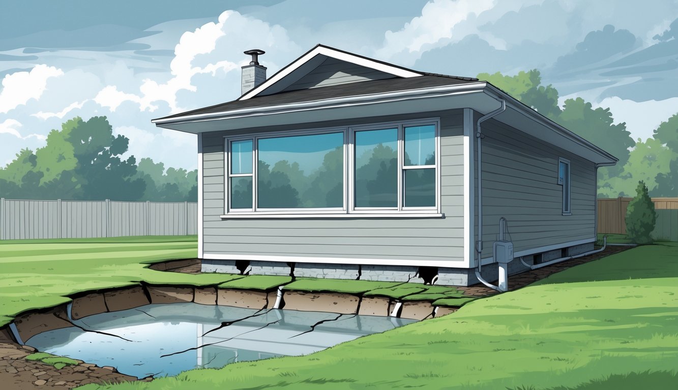 A suburban house with visible foundation cracks and water pooling near the foundation, showing drainage problems and structural damage.