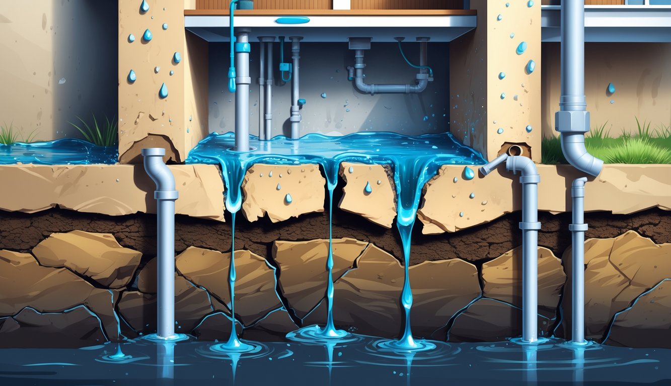 Cross-sectional view of a house foundation with cracks and moisture seeping in, showing leaking plumbing pipes and damp soil around the foundation.