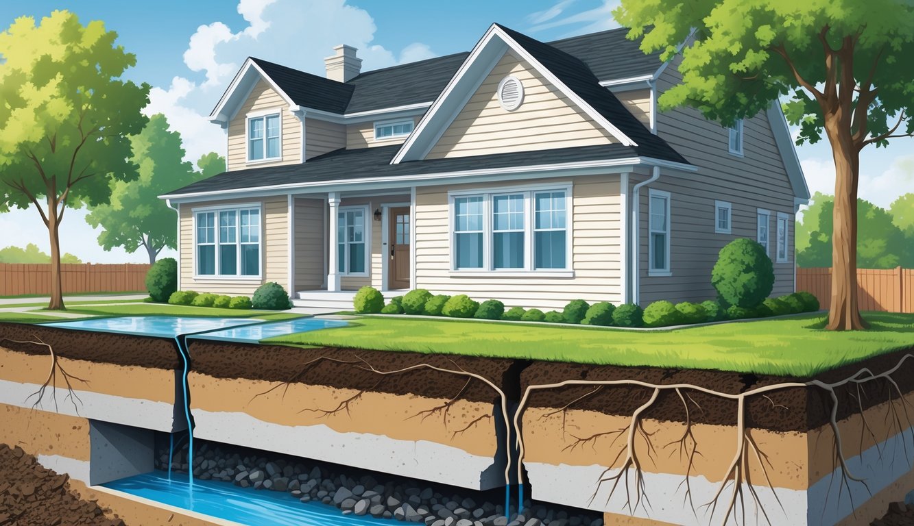 A house with visible foundation cracks, uneven soil, water pooling near the base, and tree roots pressing against the foundation.