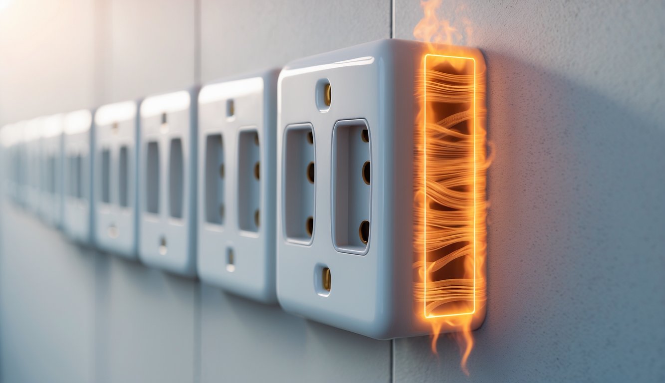 Close-up of electrical outlets on a wall with one outlet overheating, showing heat waves and exposed wiring inside.