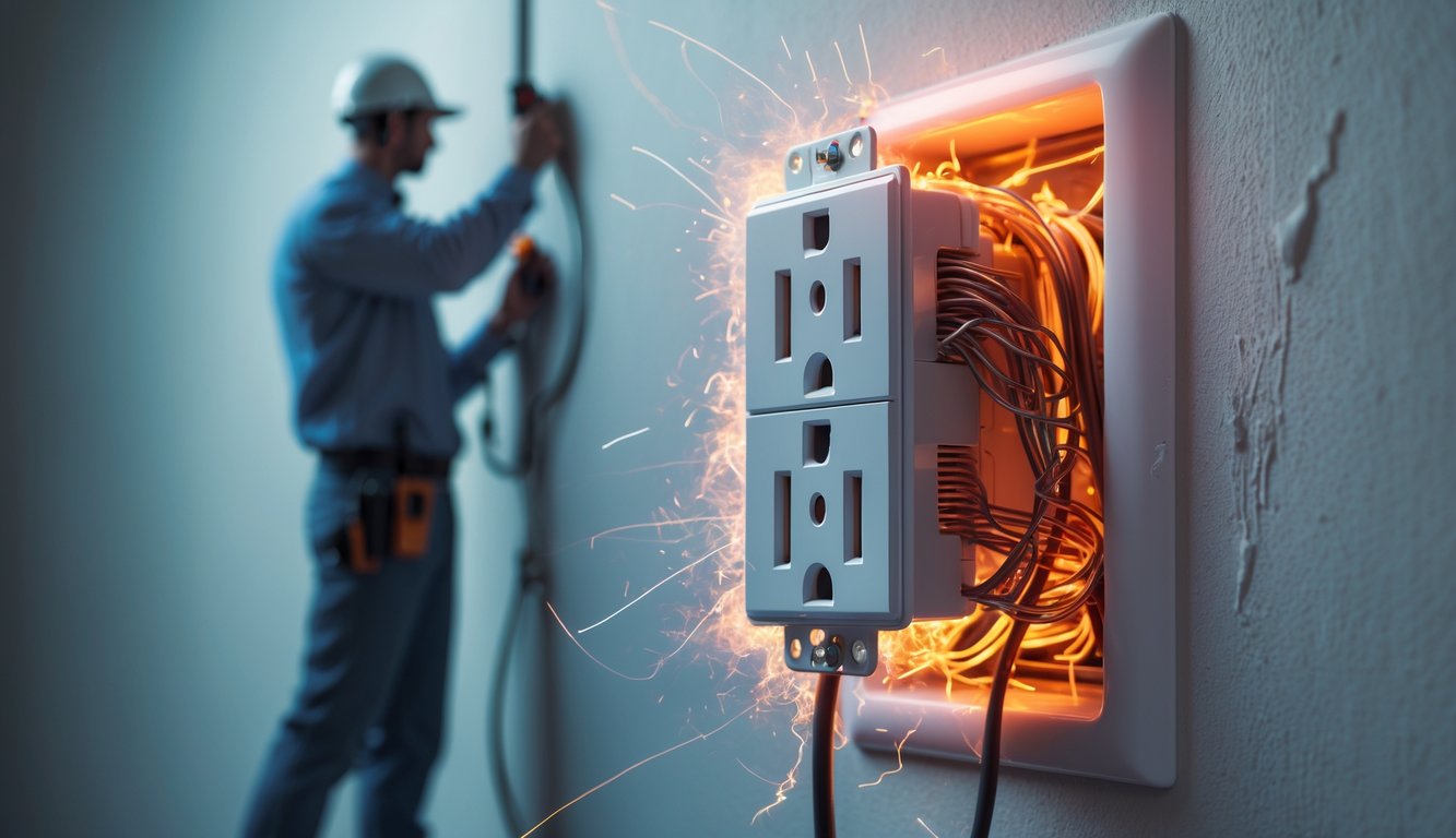 Close-up of an overheating electrical outlet with exposed damaged wires and smoke, while an electrician inspects it in the background.