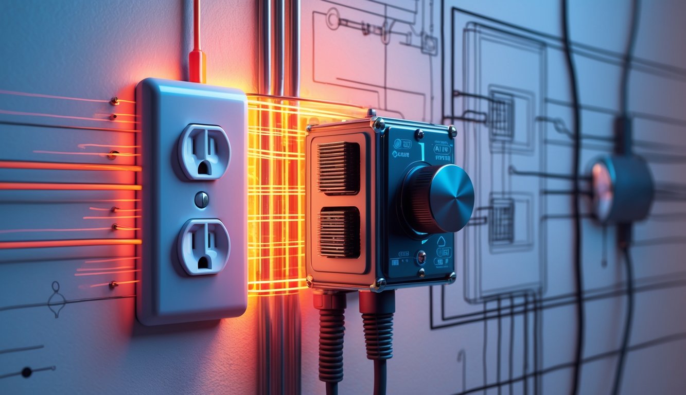 Close-up of an electrical outlet overheating with heat waves, connected to a transformer and a dimmer switch with visible wiring.