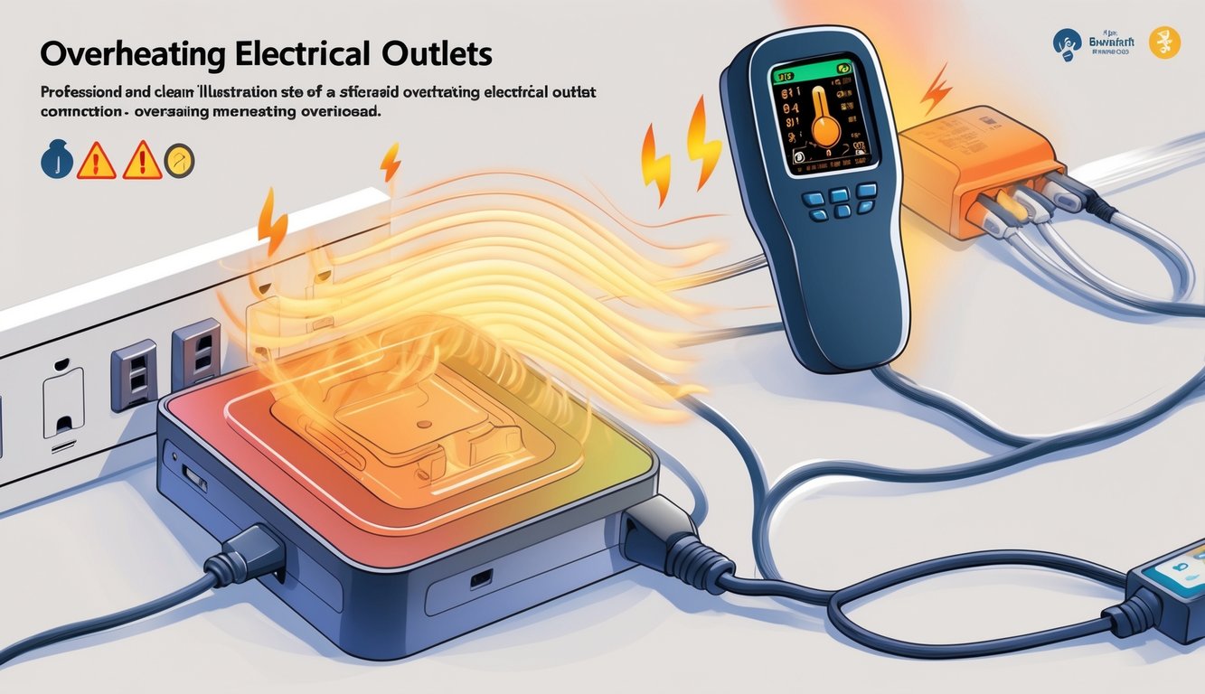 Close-up of an electrical outlet with multiple plugs showing heat waves and a thermal reading indicating overheating due to overloading.