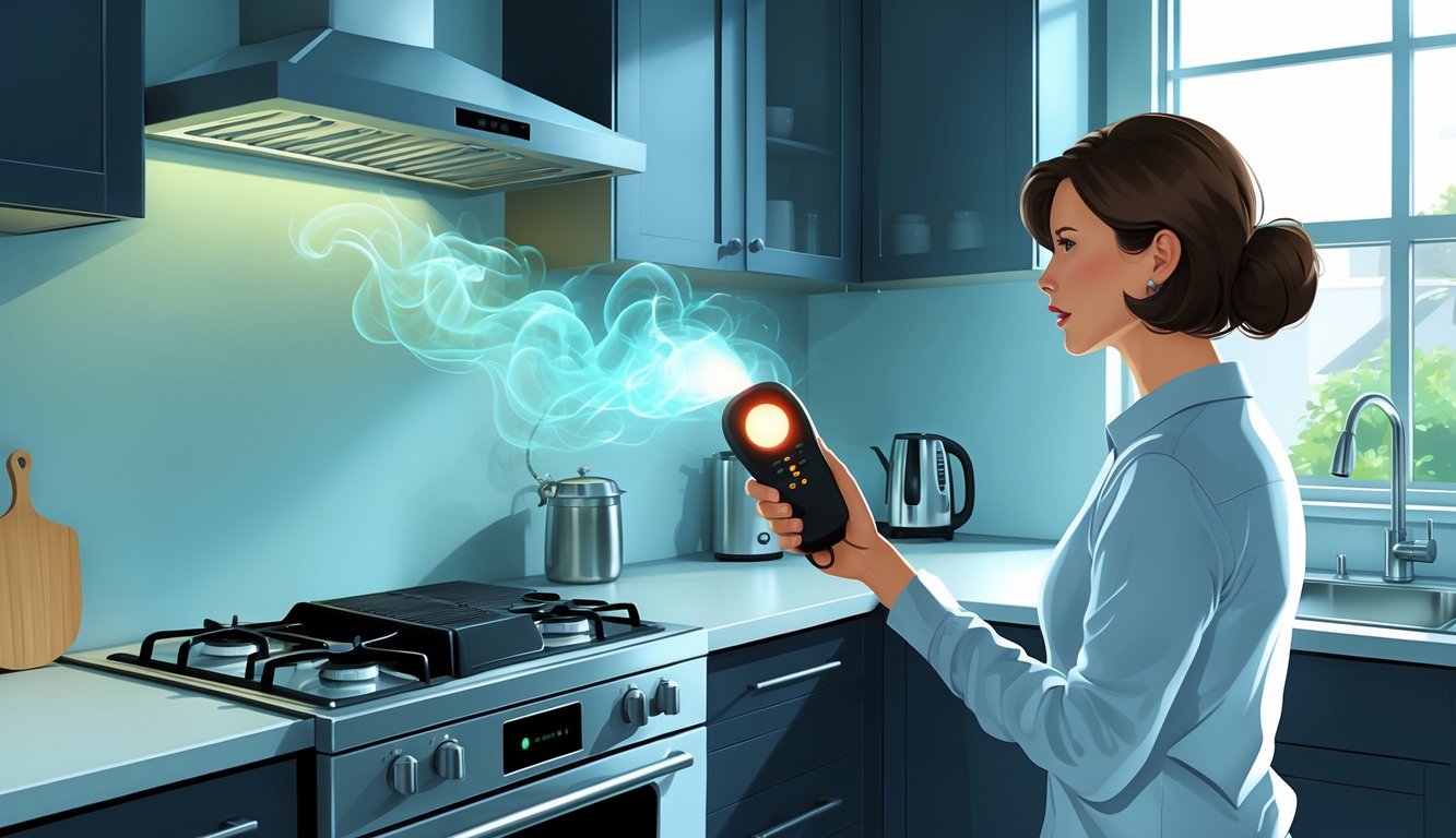 A homeowner uses a gas detector near a gas stove inside a house, detecting a faint gas leak.