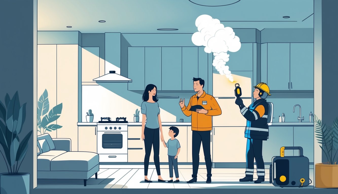 A family inside a house with faint gas vapor near a stove, a safety expert checking for gas leaks, and a small spark near a gas connection indicating fire hazard.