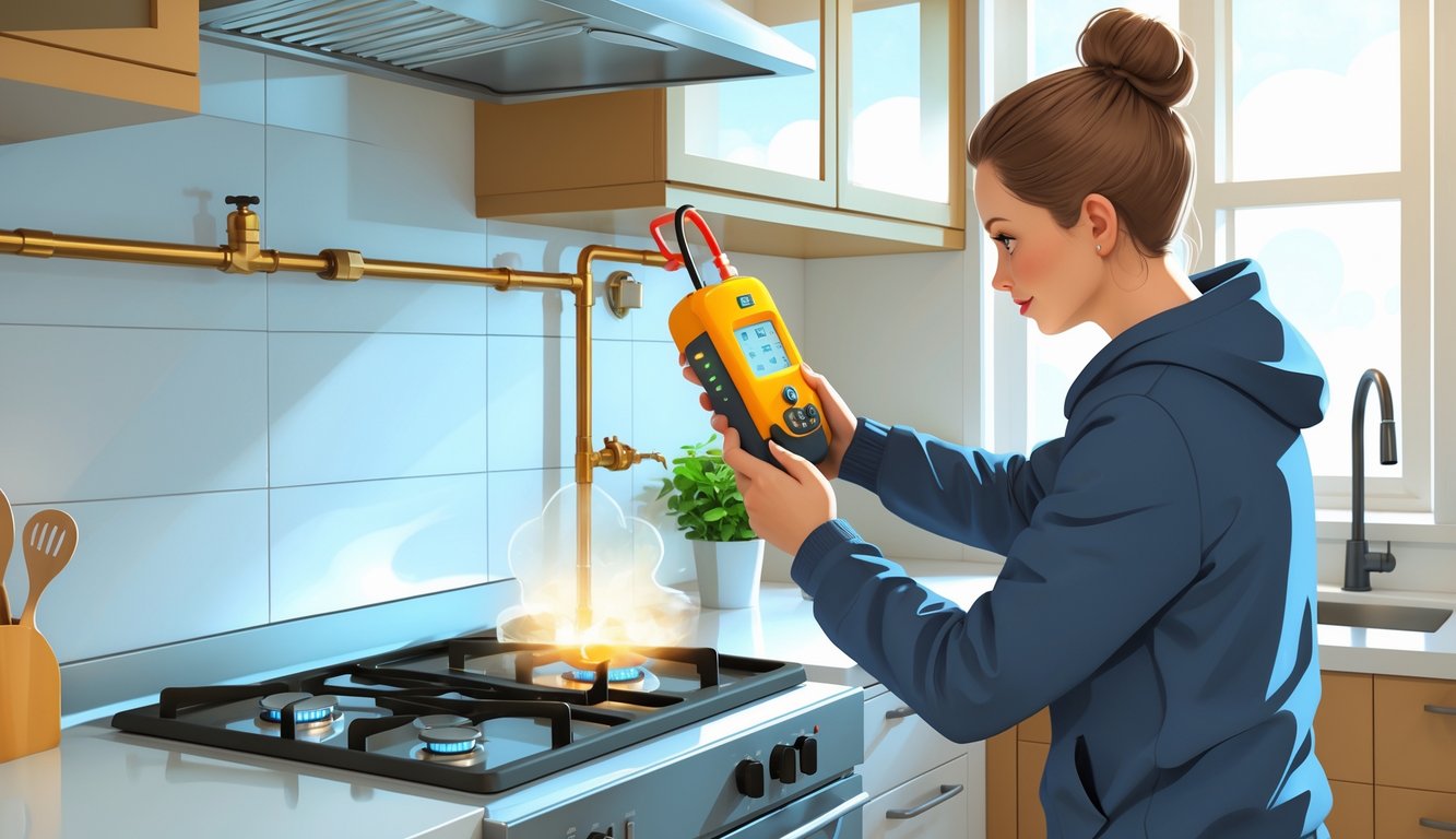 A person using a handheld gas detector to check for gas leaks near a stove in a clean, modern kitchen.