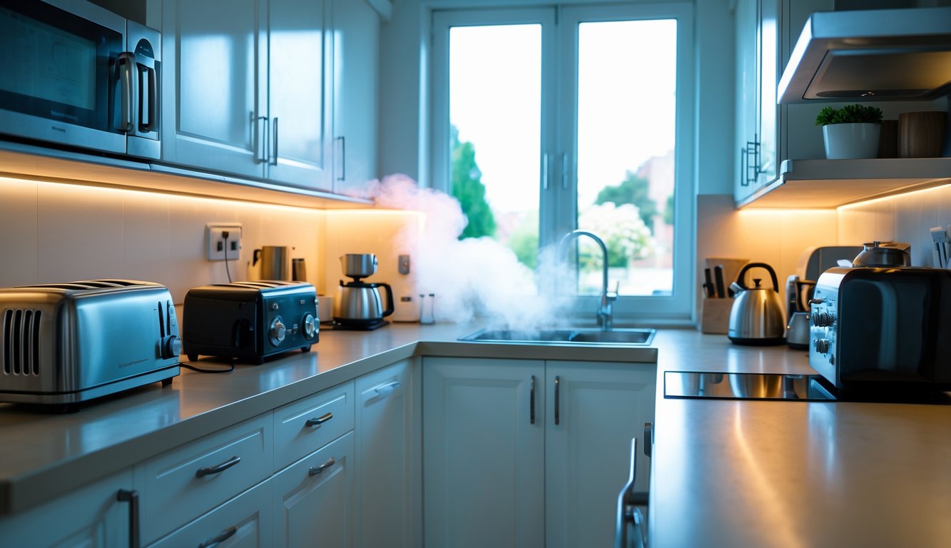 A modern kitchen countertop with several household appliances including a toaster and microwave, showing a faint smoke near one appliance indicating a fire risk.