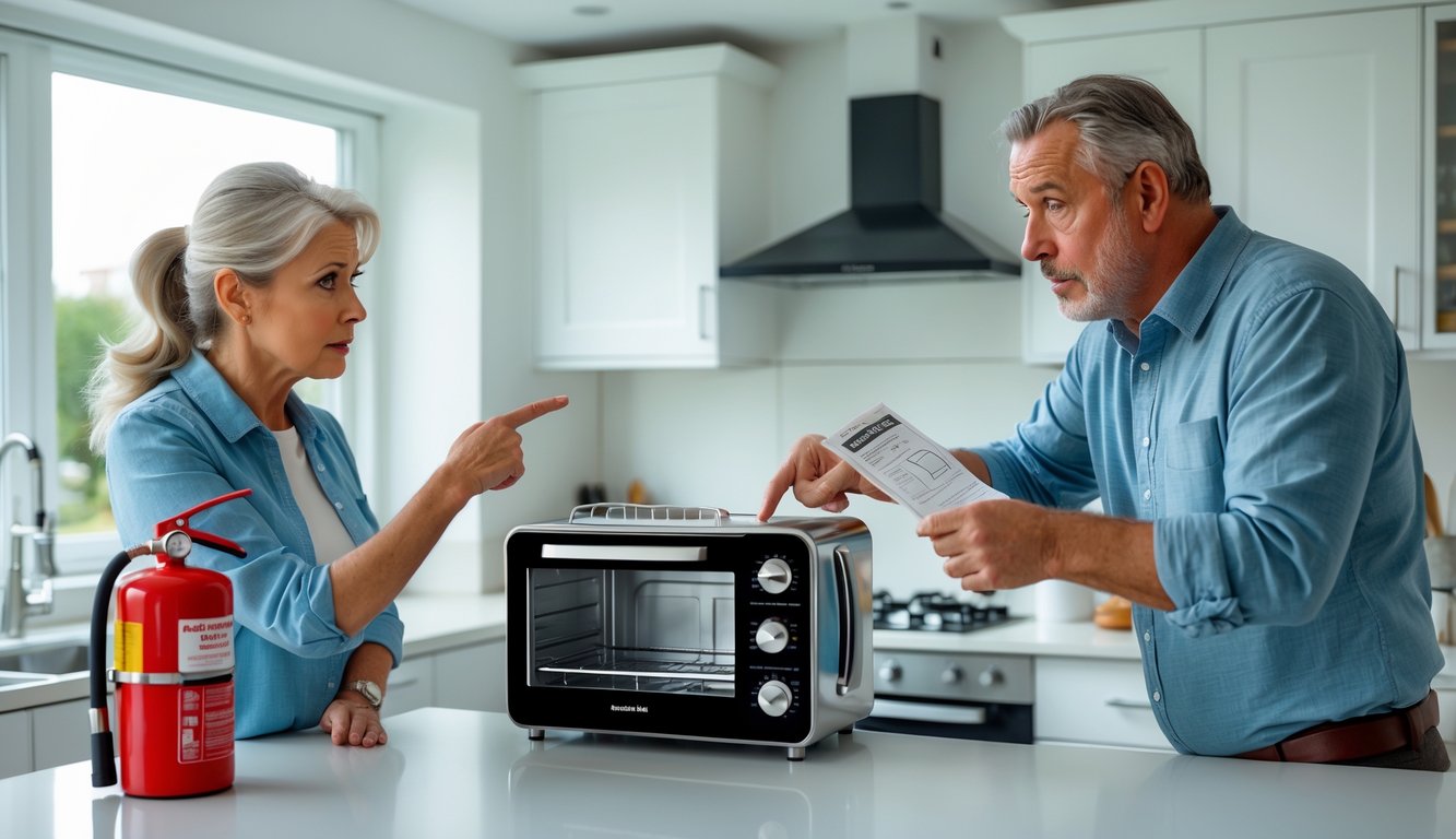 A middle-aged couple in a kitchen inspecting a household appliance with concerned expressions, highlighting appliance safety.
