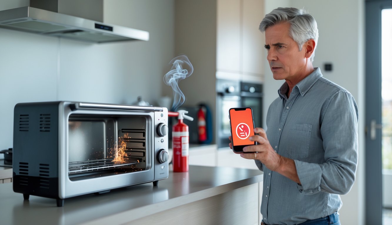 A person inspecting a smoking kitchen appliance in a modern home, with a fire extinguisher and smoke detector visible nearby.