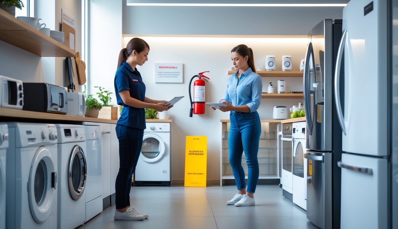A customer and store employee examining appliances in a modern appliance store with a fire extinguisher visible on the wall.