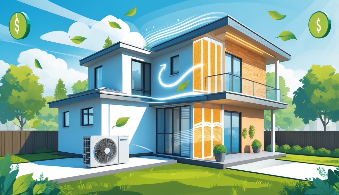 A modern house with a heat pump outside and insulation inside, showing energy savings and efficiency symbols around it.
