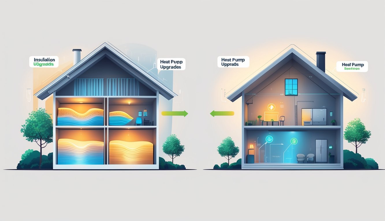 Side-by-side comparison of a house with insulation layers and the same house with a heat pump system, illustrating energy efficiency and cost savings.