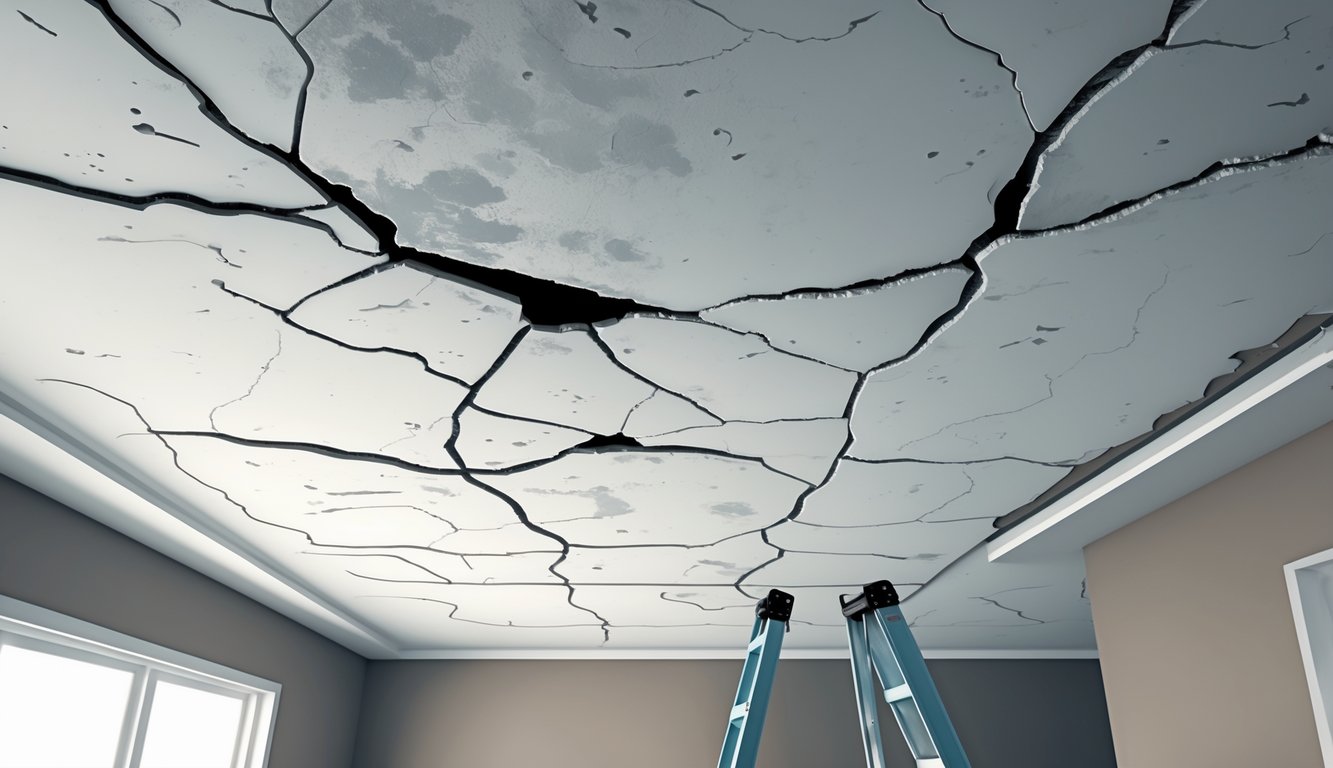 Interior ceiling showing multiple visible cracks spreading across its surface with repair tools in the background.