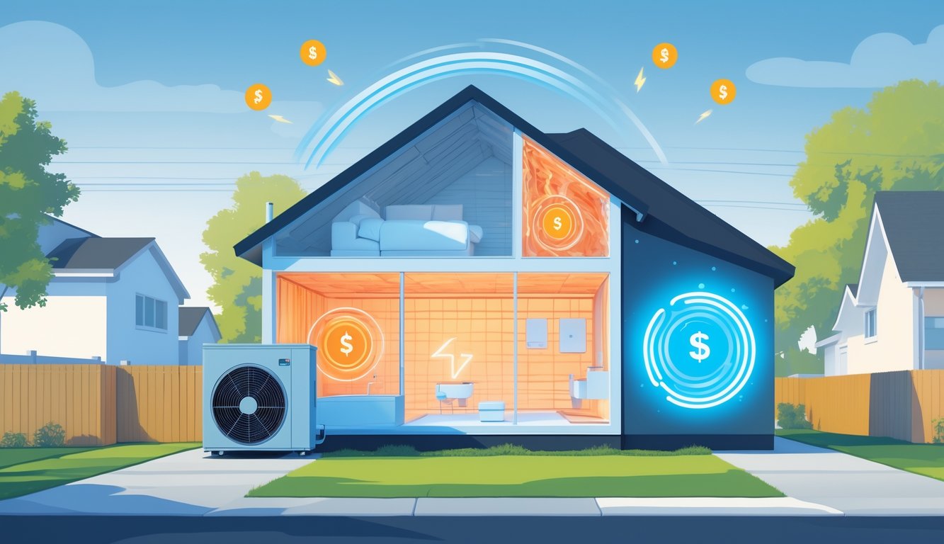 A modern house with a heat pump unit outside emitting energy waves, highlighting home energy upgrades and savings compared to insulation.