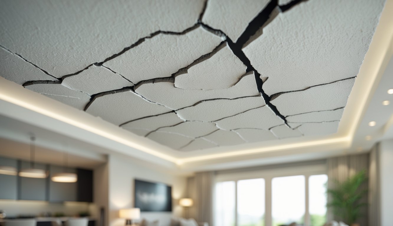 A close-up view of a residential ceiling showing various crack patterns with a blurred living room background.