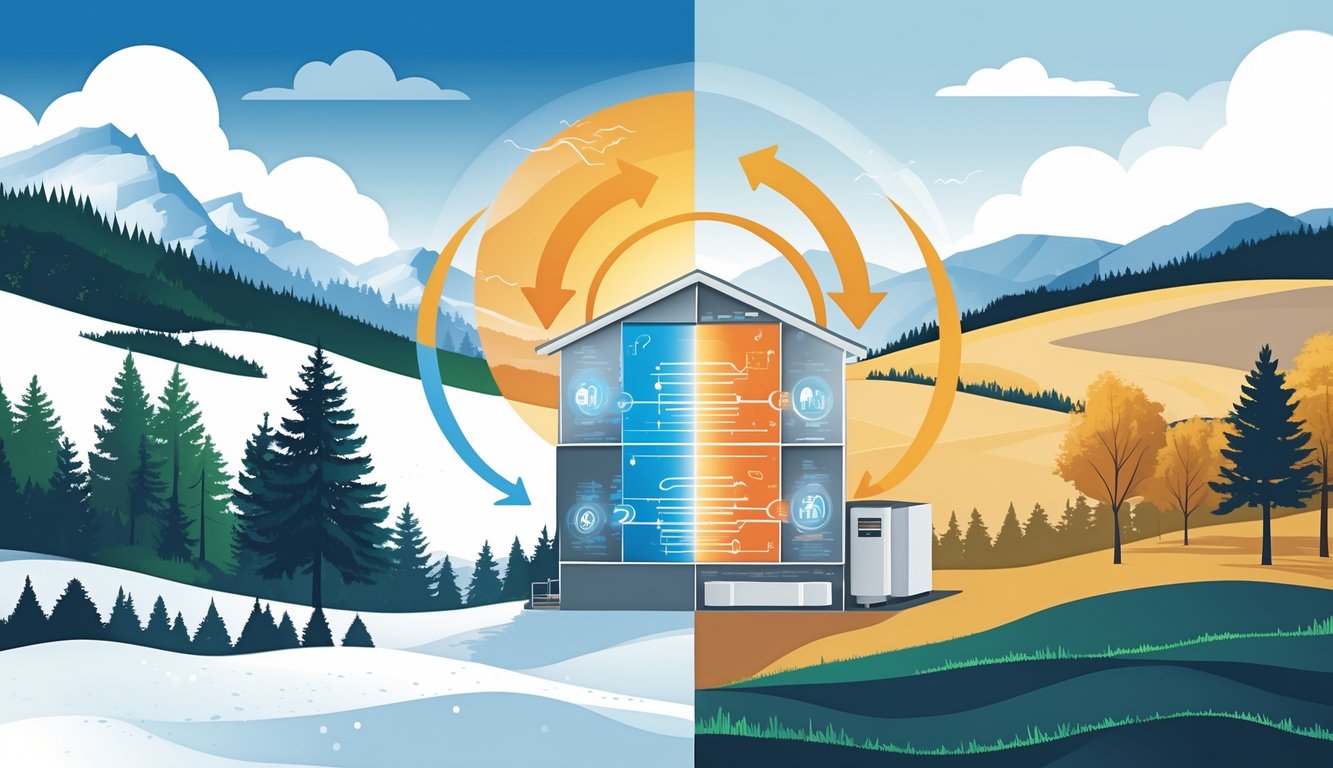 A house situated between a snowy mountain landscape and a sunny hilly area, showing a heat pump system with energy flow arrows indicating greater savings compared to insulation.