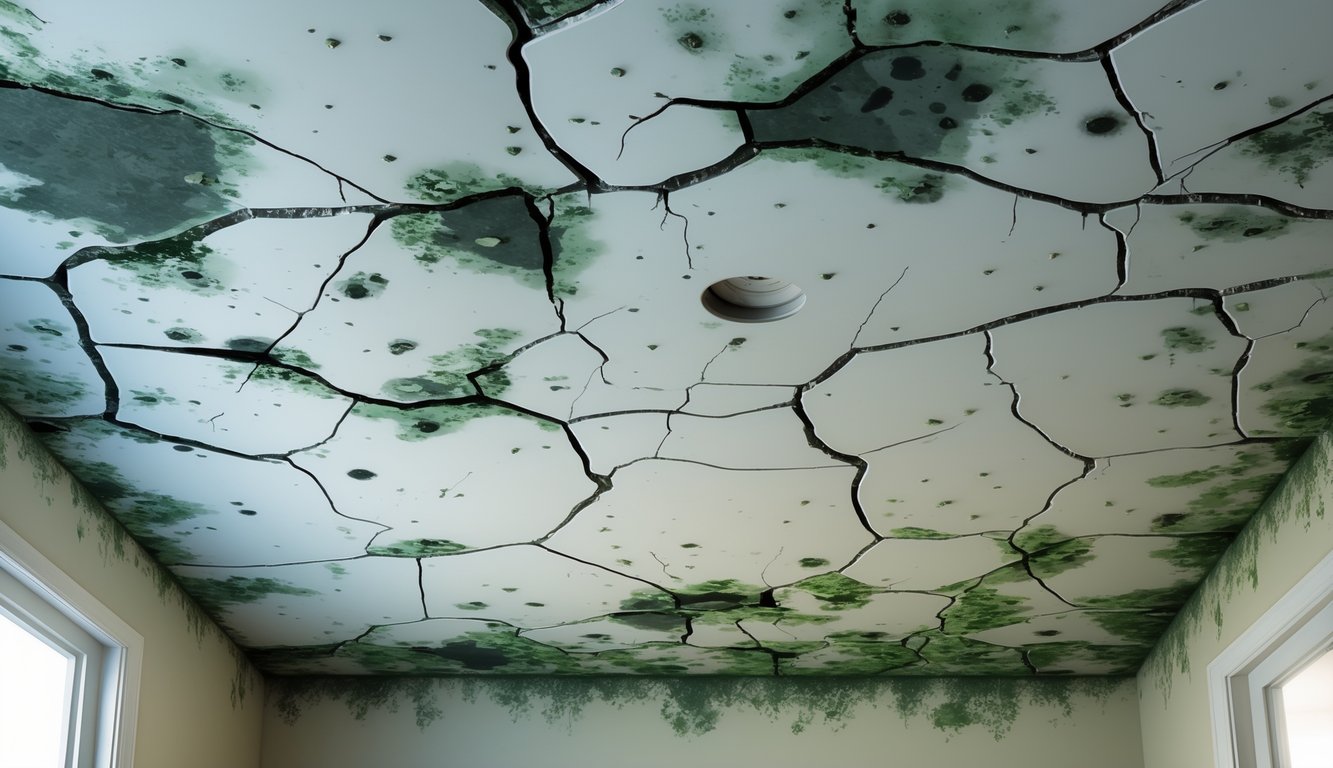 A ceiling with visible cracks, water stains, and patches of mold growth indicating damage.