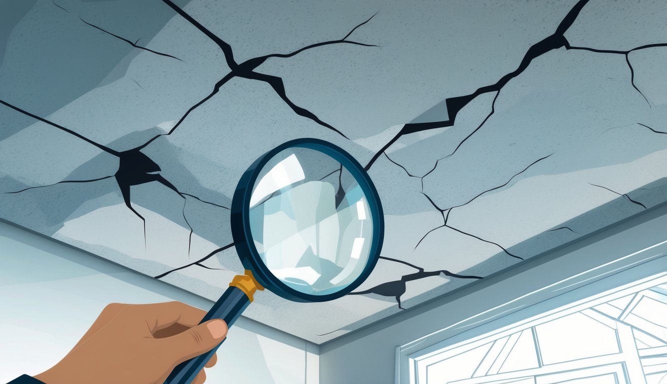A close-up view of a ceiling with visible cracks being closely inspected with a magnifying glass, suggesting an assessment of potential damage.