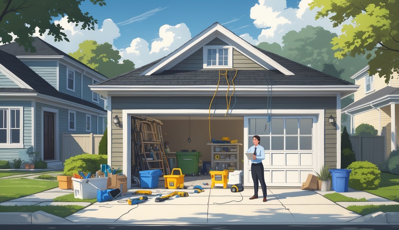 A suburban house with a garage under renovation showing clutter, exposed wiring, and unfinished walls, with a concerned real estate agent standing outside.