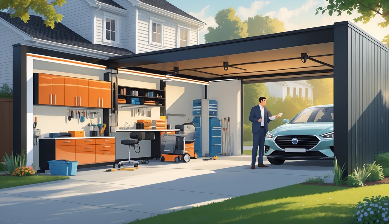 A garage interior with stylish but impractical design elements blocking car access, a cluttered workspace, and a real estate agent talking to a homeowner outside a suburban house.