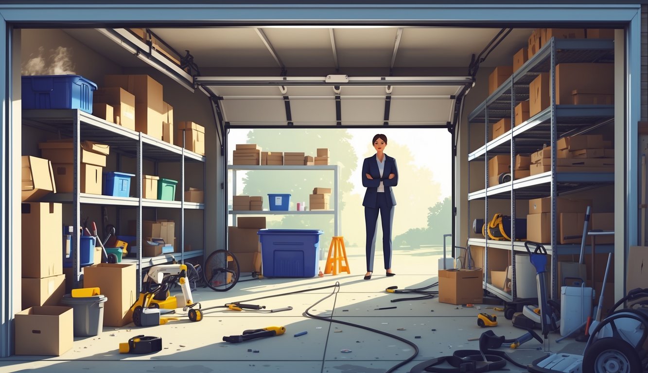 A cluttered and disorganized garage with scattered tools and boxes, showing poor storage and organization during a remodel, with a concerned real estate agent observing in the background.