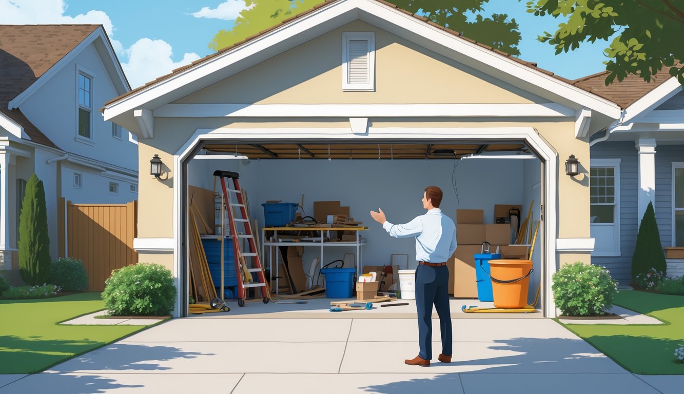 A homeowner and real estate agent talk outside a house with an open garage showing construction materials but missing lighting and ventilation.