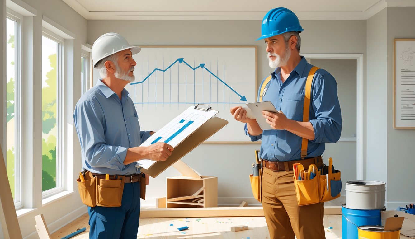 A homeowner and a contractor discussing rising remodeling costs inside a partially renovated living room with construction materials around.