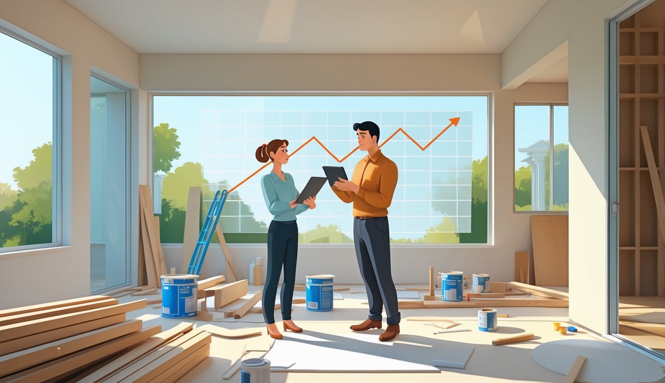 A homeowner and contractor discussing remodeling work inside a house under renovation with construction materials around.