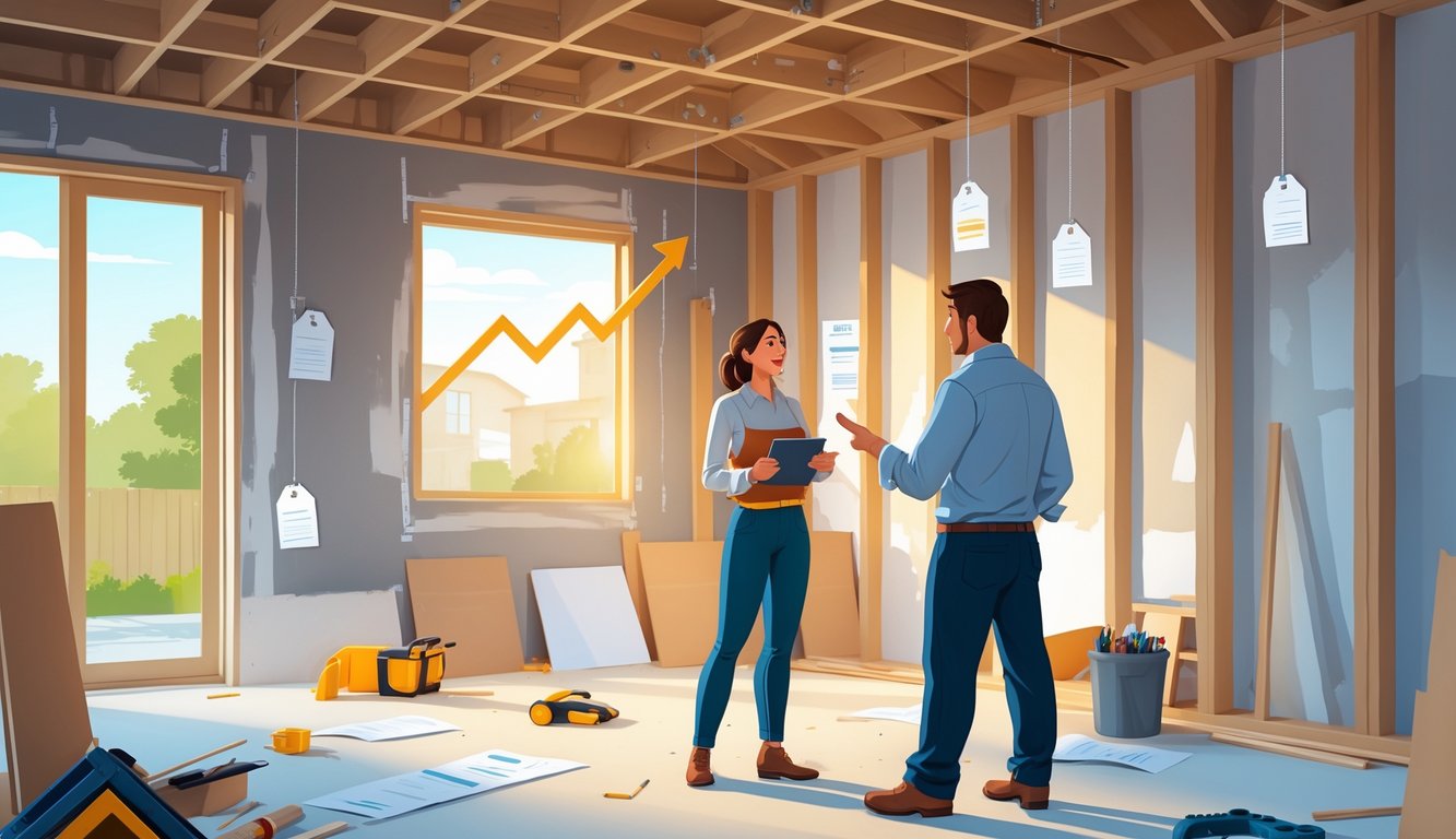 A homeowner and contractor discussing a home remodeling project inside a partially renovated house, with construction materials around and a graph indicating rising costs.