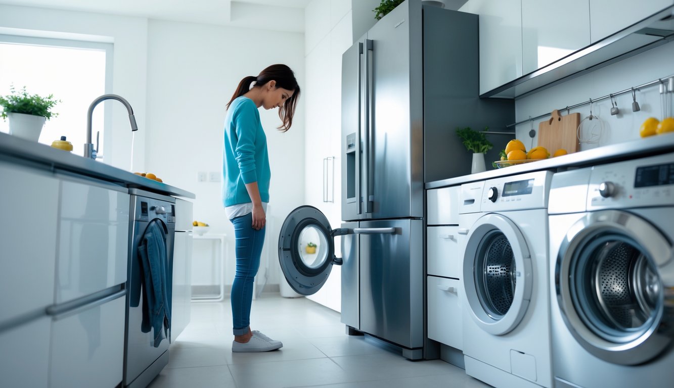 A person in a modern kitchen leaving a faucet dripping and a washing machine door slightly open, with various household appliances visible.