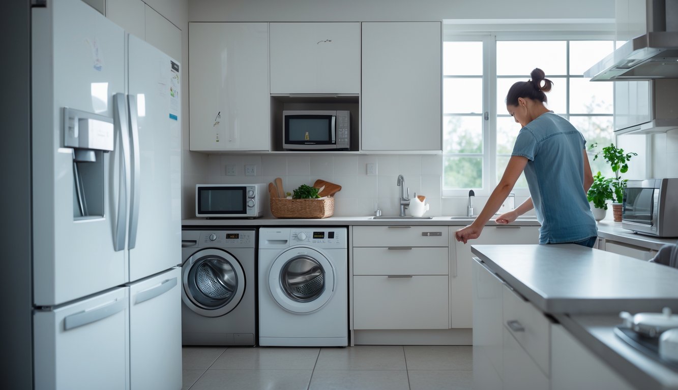 A person in a kitchen interacting with household appliances that show subtle signs of wear, illustrating how everyday habits can affect appliance lifespan.
