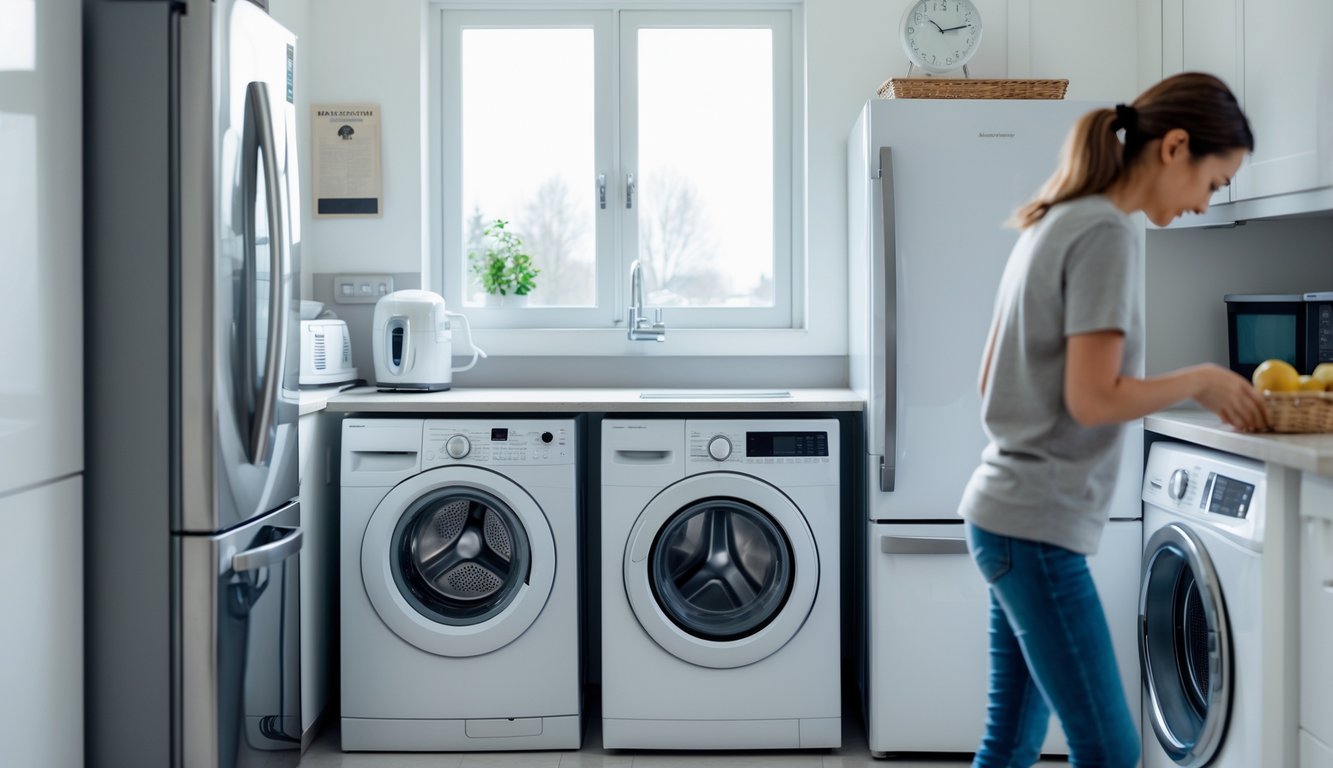 A person in a kitchen or laundry room with common household appliances showing subtle signs of wear, performing a careless habit that may reduce appliance lifespan.