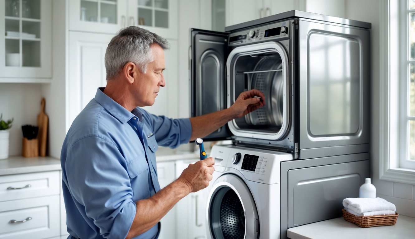 A person inspecting the inside of a household appliance in a kitchen, holding a tool and looking focused.