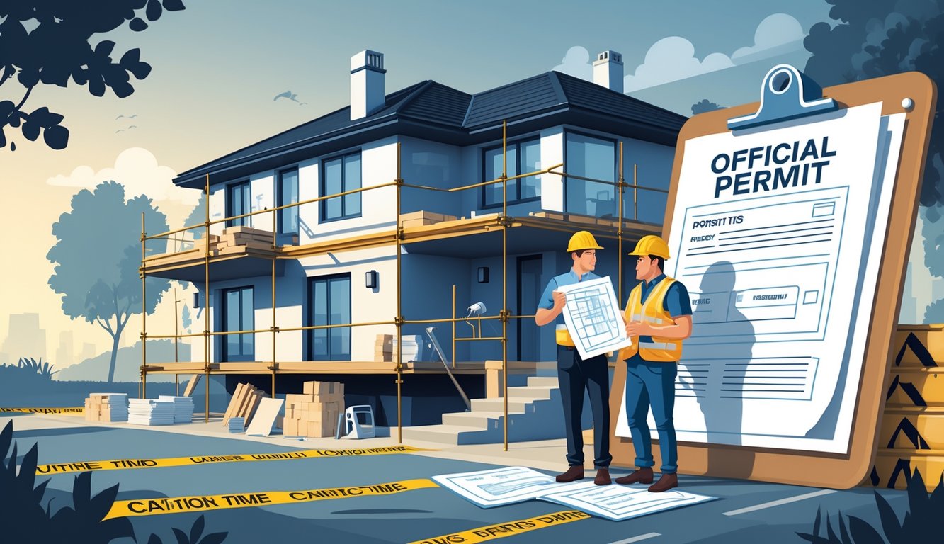 A homeowner and construction worker stand near a partially renovated house with scaffolding and construction materials, showing a delay in home updates.