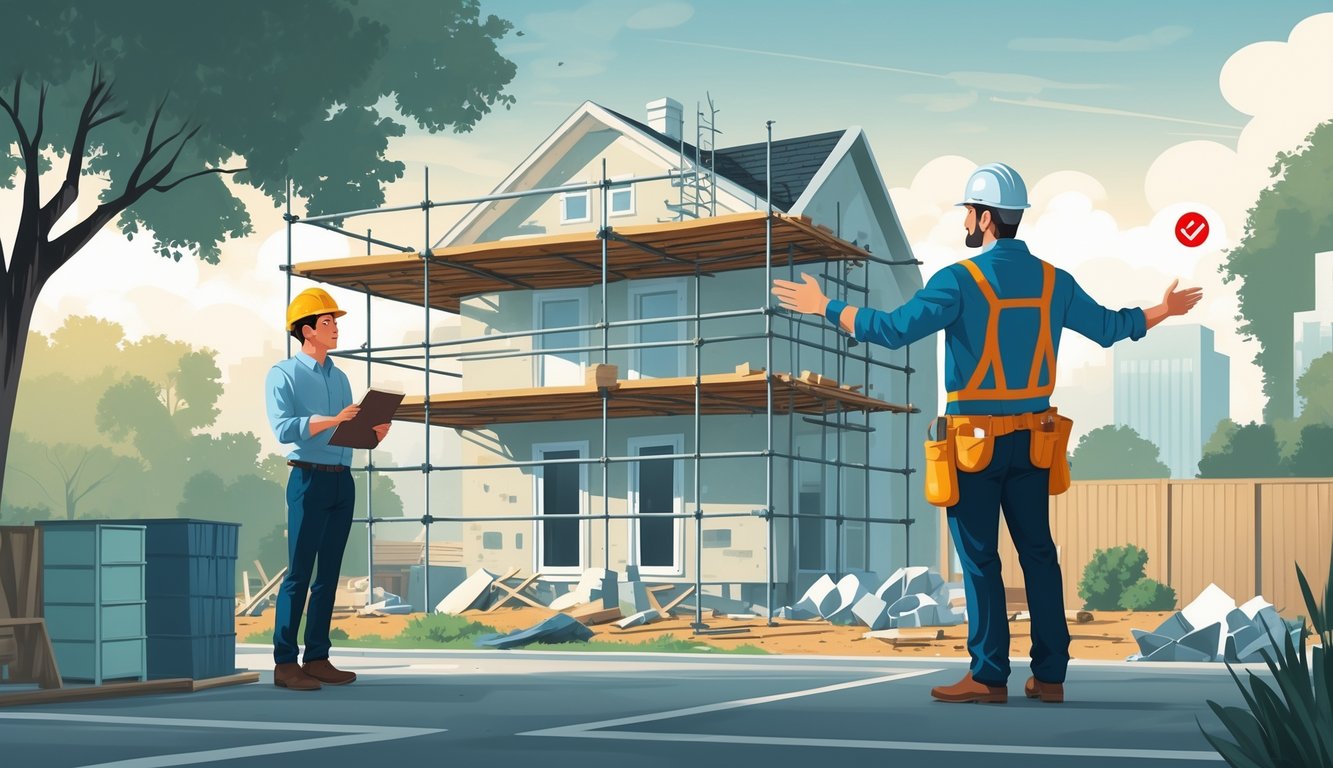 A homeowner and construction worker at a partially renovated house site, showing concern over delays with construction materials and a permit office in the background.