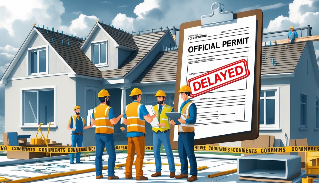 A construction site with a partially renovated house, workers and a manager discussing plans, and a clipboard showing a delayed permit notice.