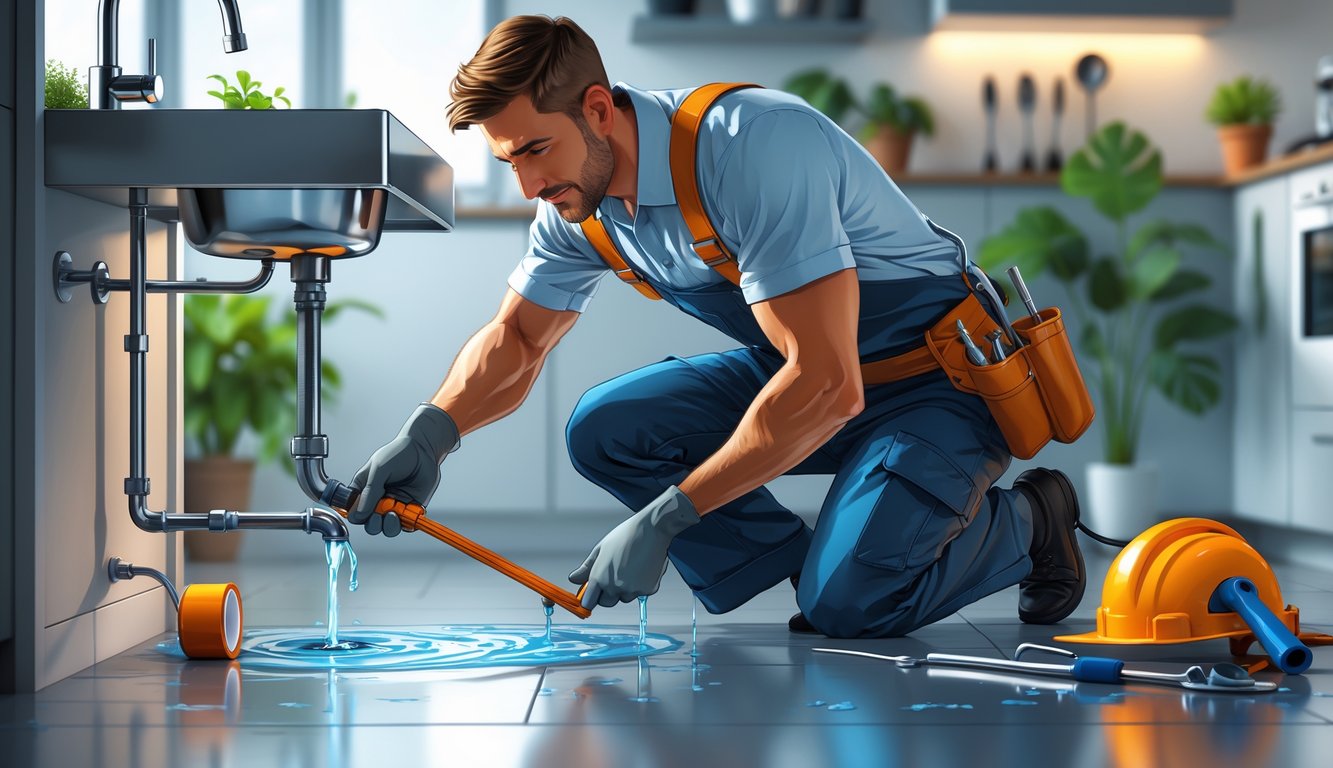 A plumber fixing a leaking pipe under a kitchen sink with plumbing tools nearby in a home setting.