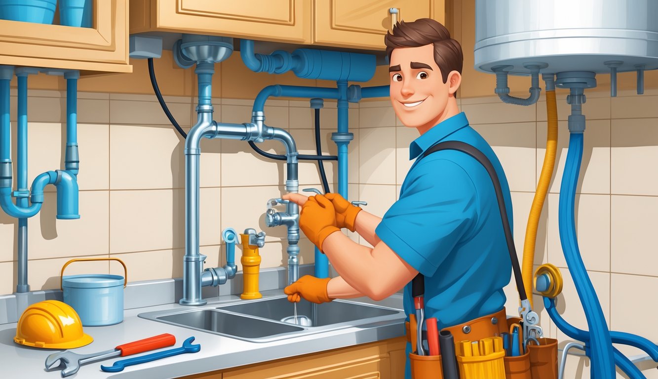 A plumber performing quick plumbing fixes under a kitchen sink and inspecting a water heater inside a home.