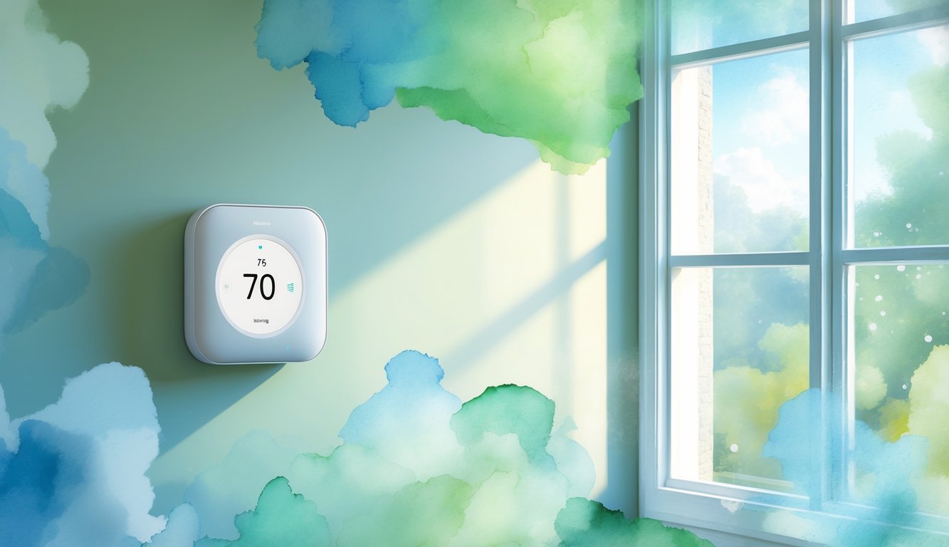 A room with a smart thermostat on the wall and a window showing a sunny day outside.