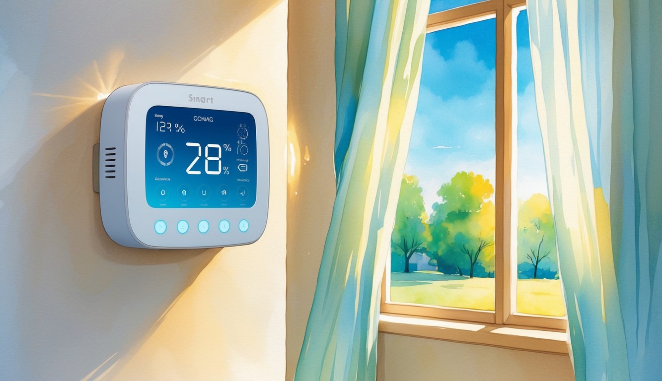 A smart thermostat on a wall next to a sunlit window showing a bright outdoor scene with trees.