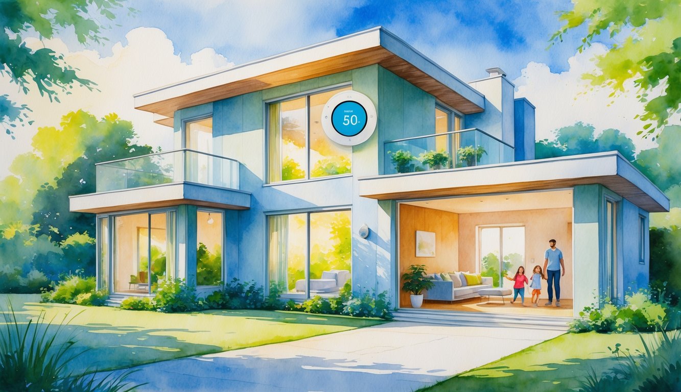 A modern home with large windows surrounded by trees, showing a smart thermostat inside and a family enjoying the cool indoors on a sunny day.